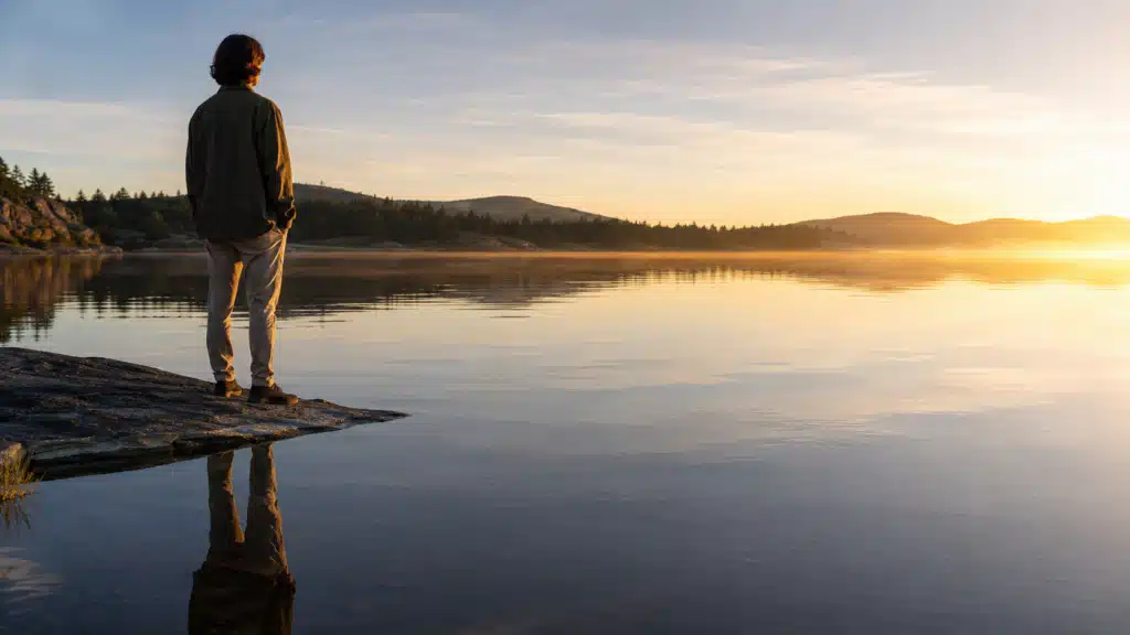 Personne contemplant son reflet dans l’eau pour représenter l’identification, la possession et la recherche de l’Être.