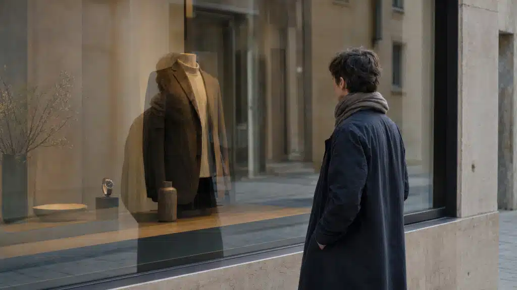 Personne devant une vitrine dont le reflet se mêle aux objets exposés, illustrant l’identification par la possession.