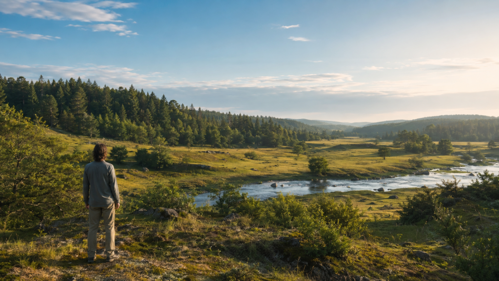 Personne présente face à une nature ouverte, illustrant l’Être qui demeure derrière les identifications et les possessions.