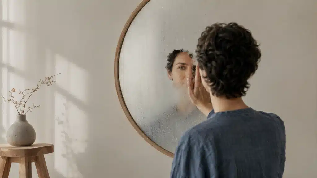 Personne observant son reflet dans un miroir embué, symbole de l’identification par les mots et de l’image de soi.