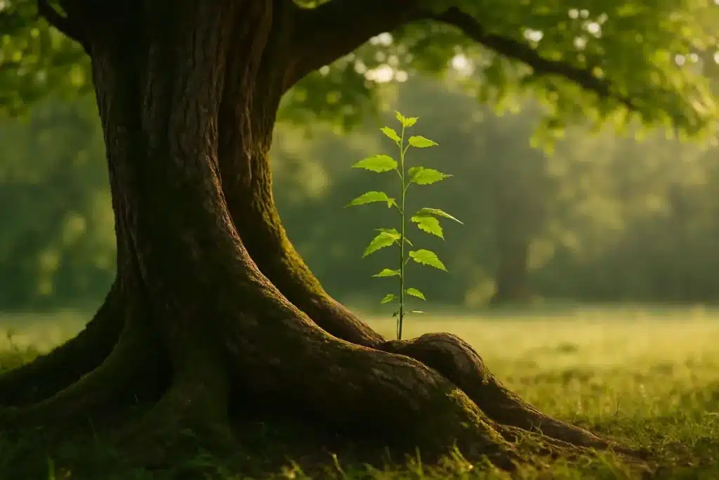 Une jeune pousse grandit au pied d'un grand arbre, symbole de la transmission entre les générations et de la continuité de la vie.