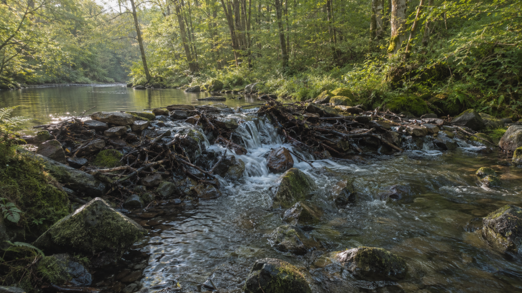 Rivière retenue par un barrage naturel de pierres et de branches, illustrant l’accumulation de l’énergie émotionnelle.