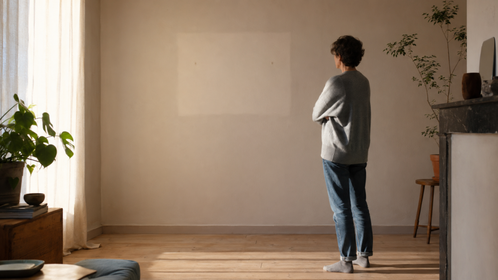 Personne observant la trace laissée par un objet disparu, symbole de la perte d’un repère et de l’identification.