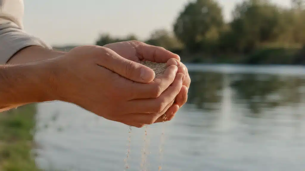 Mains retenant du sable qui s’écoule, symbole de la possession, de l’attachement et de la peur de perdre.